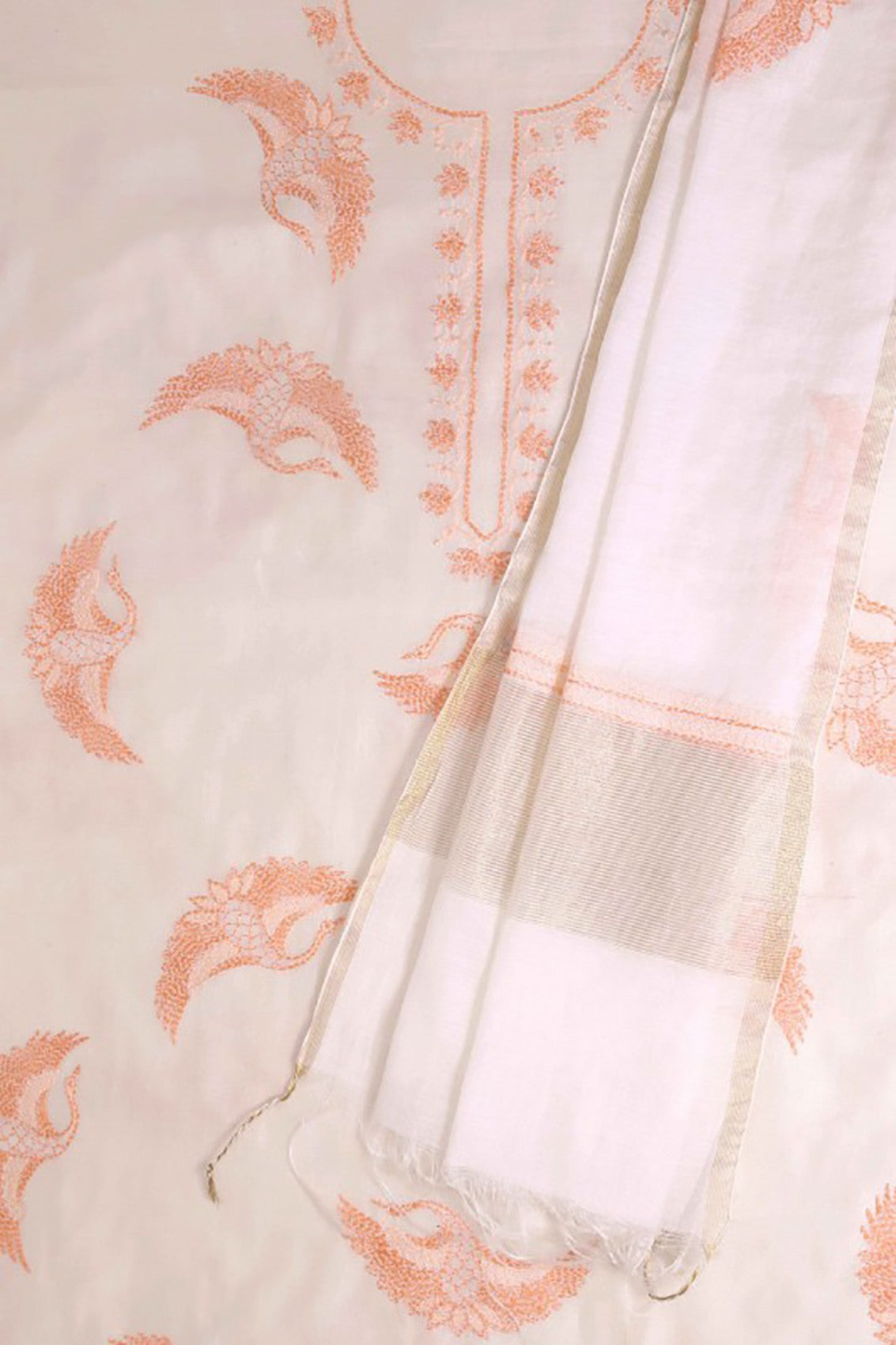 Ada Hand Embroidered Cream Chanderi Lucknowi Chikankari Unstitched Kurta Dupatta Set A360989