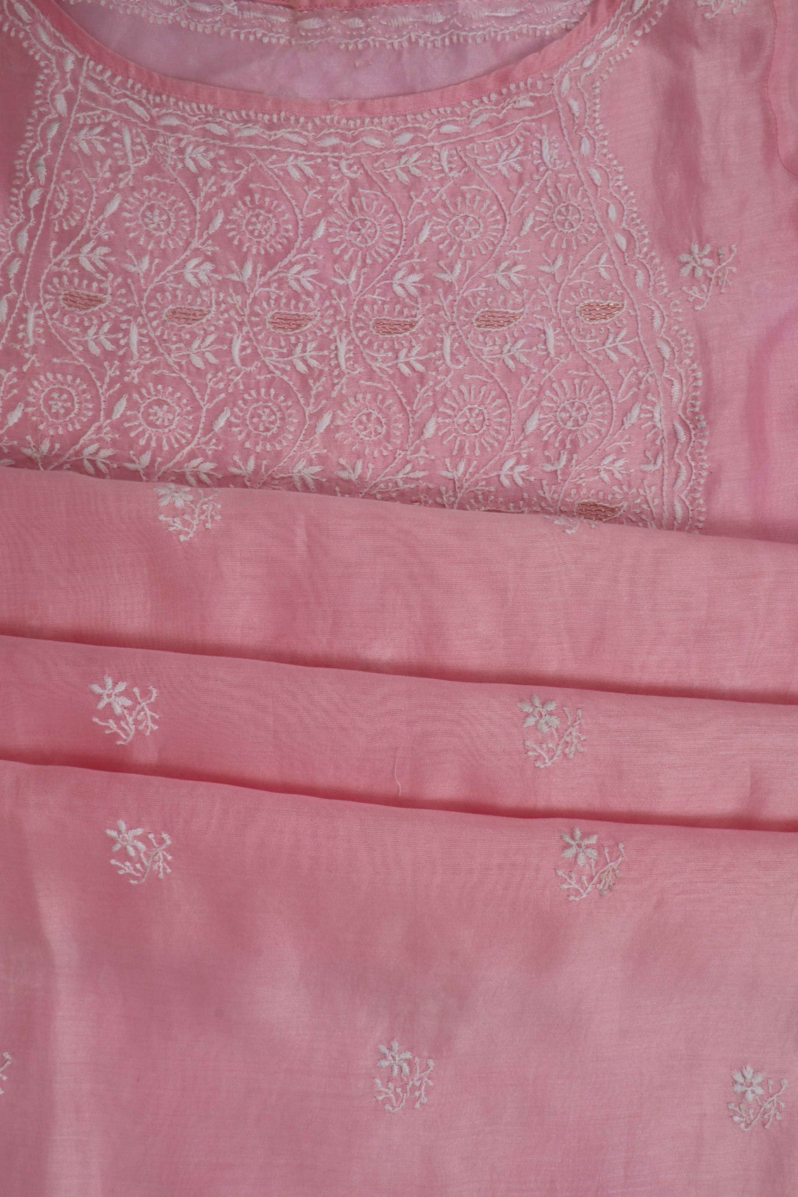 Ada Hand Embroidered Powder Pink Chanderi Lucknowi Chikankari Semi-Stitched Anarkali Kurta Dupatta Set 01A248289