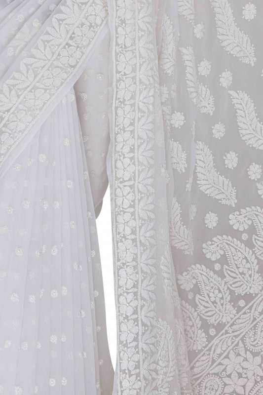 Ada Hand Embroidered White Georgette Lucknowi Chikankari Saree With Blouse A588638
