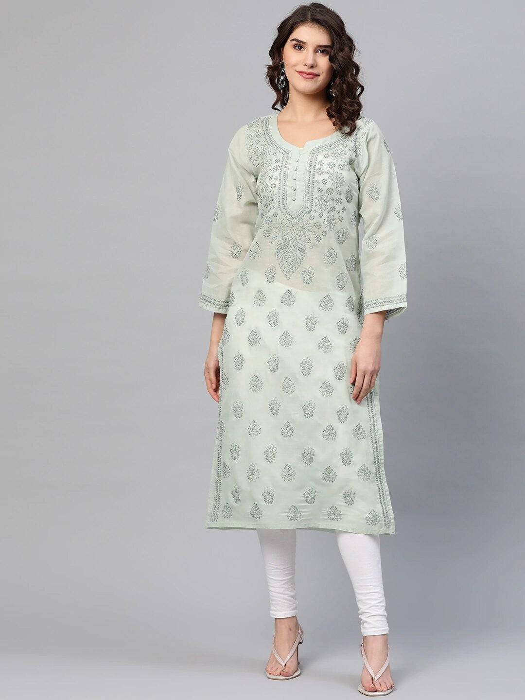 Ada Hand Embroidered Light Grey Cotton Lucknow Chikan Kurta A227152