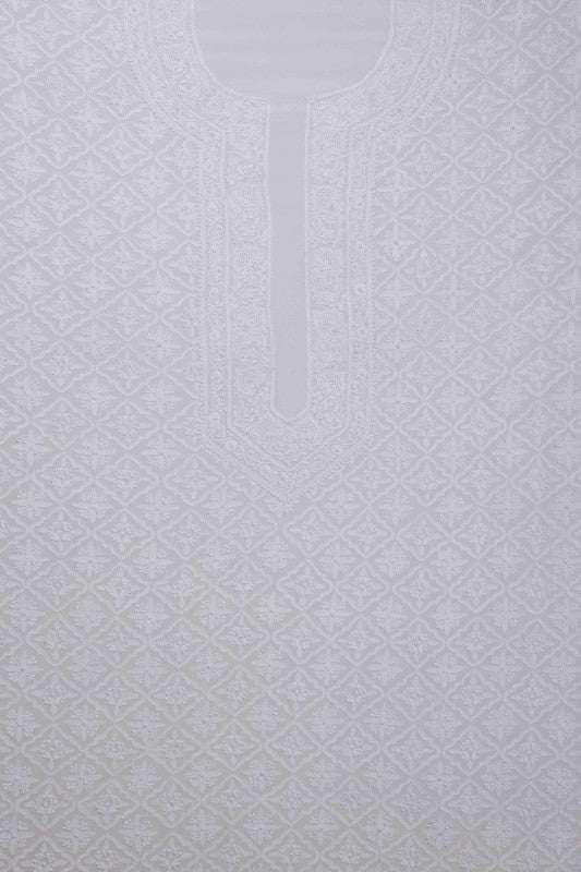 Ada Hand Embroidered White Pure Georgette Lucknowi Chikan Unstitched Men's Kurta Piece A595413
