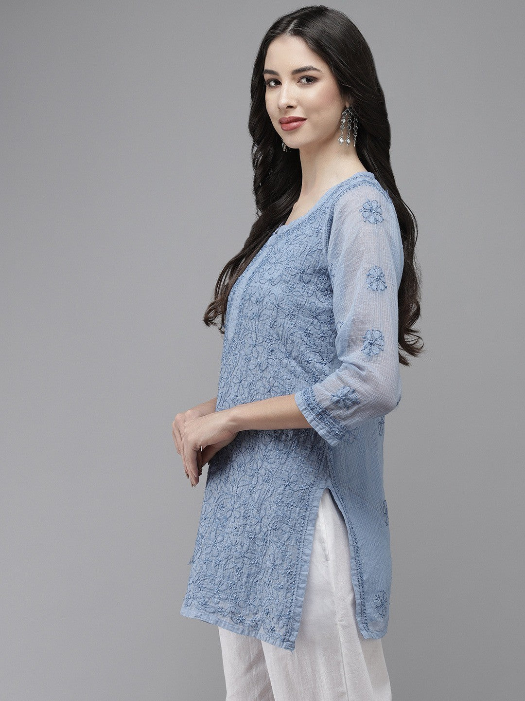 Ada Hand Embroidered Blue Kota Lucknow Chikan Kurti With Slip A911182