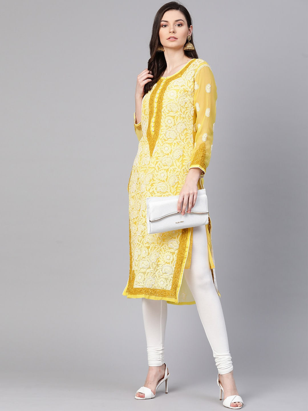 Ada Hand Embroidered Yellow Georgette Lucknow Chikankari Straight Kurti with Slip A100377