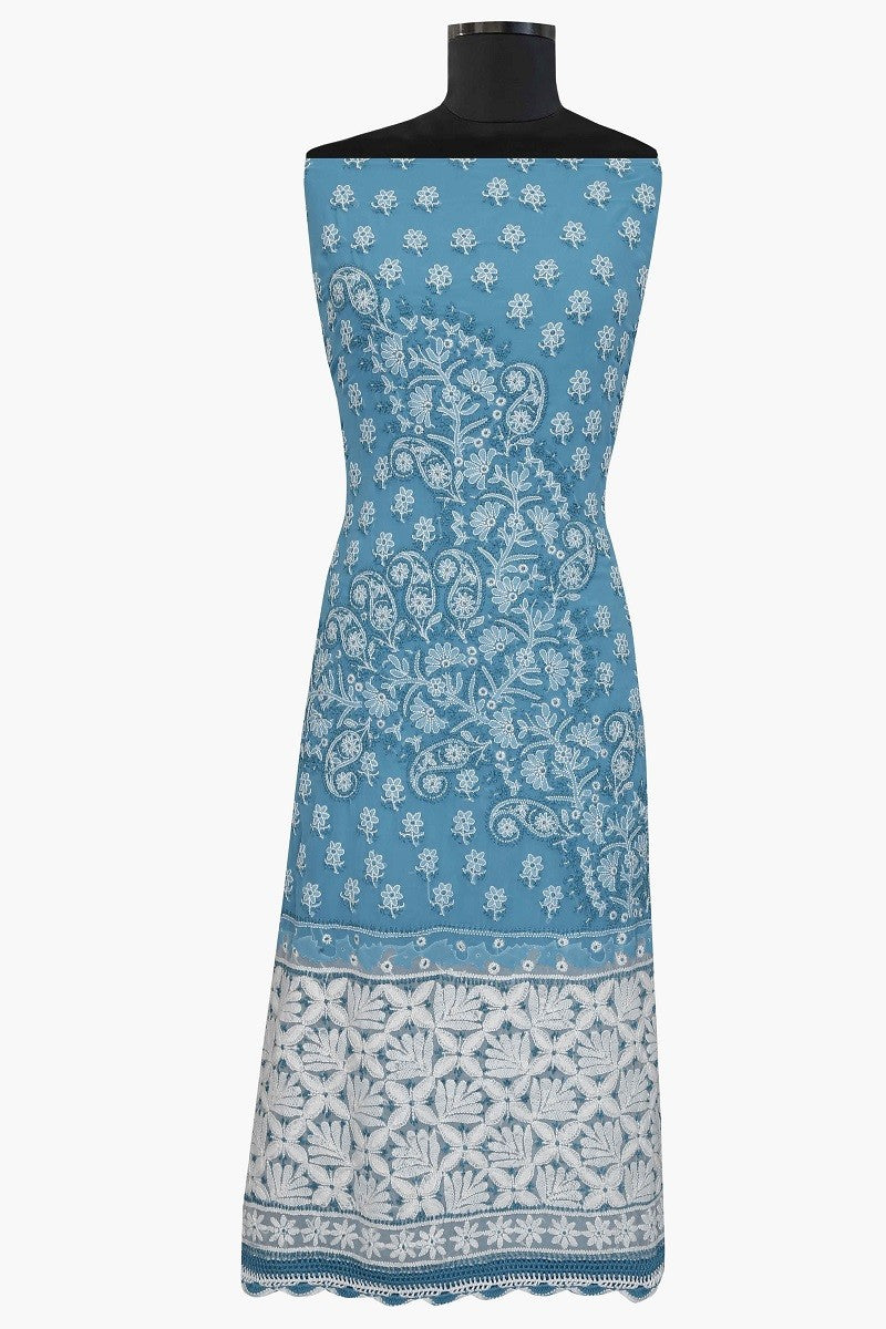 Ada Hand Embroidered Arctic Blue Georgette Lucknowi Chikan Unstitched Suit Piece A289005