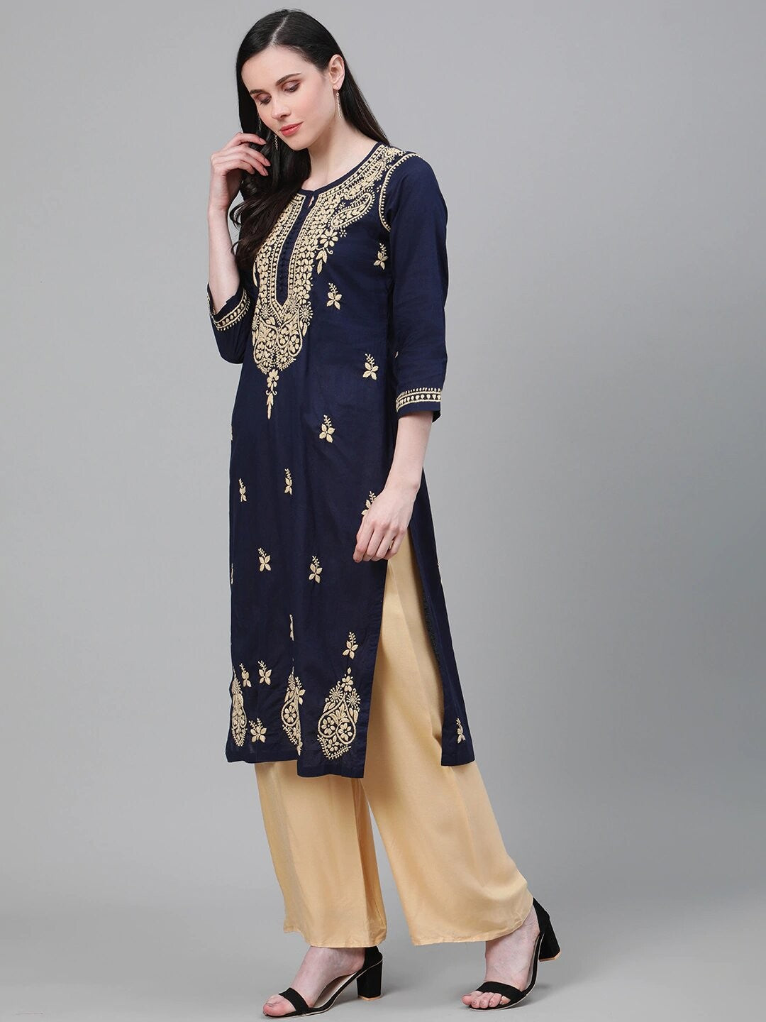 Ada Hand Embroidered Navy Blue Cotton Lucknowi Chikankari Straight Kurta A411150