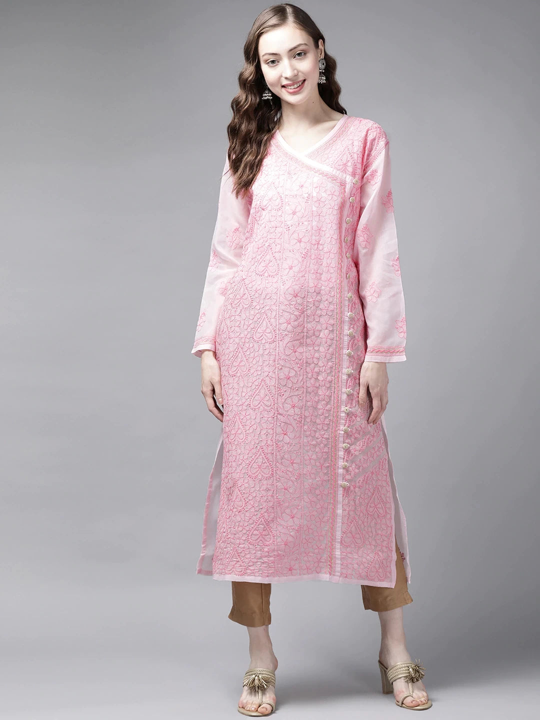 Ada Hand Embroidered Pink Cotton Lucknow Chikan Kurta A411251