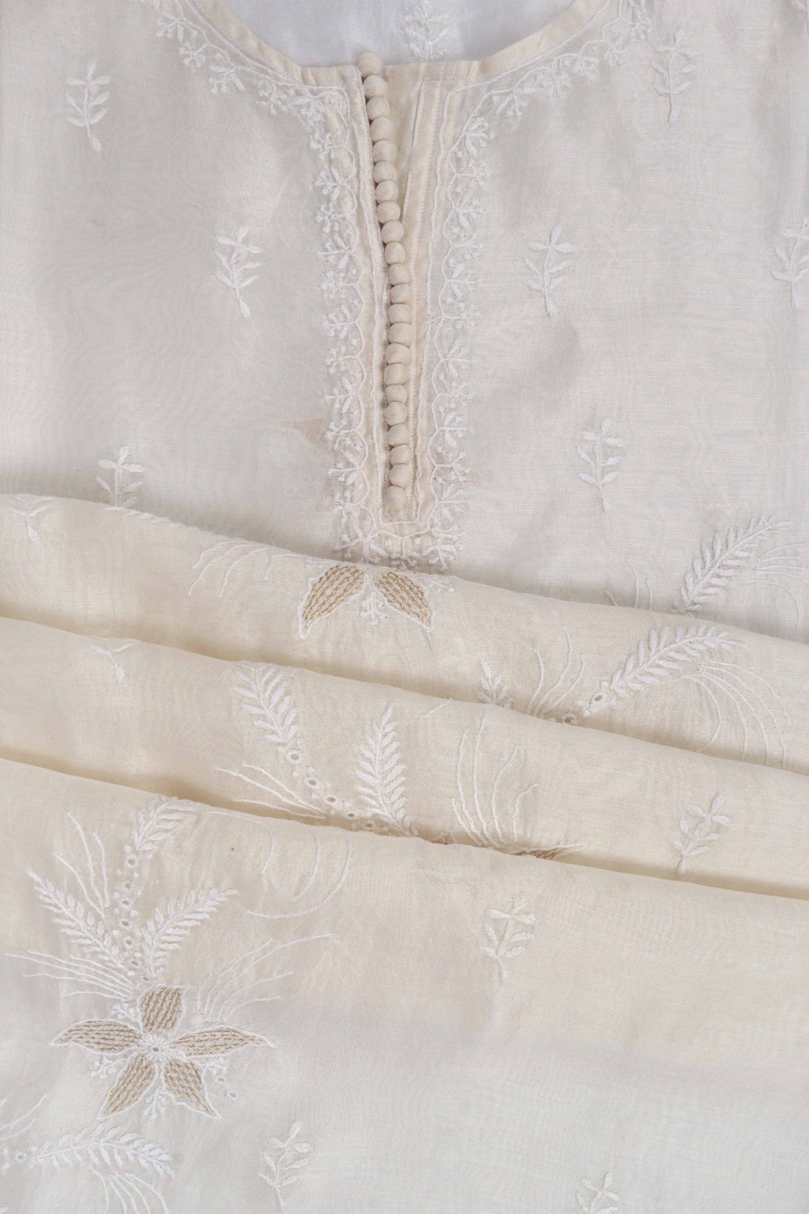 Ada Hand Embroidered Off White Chanderi Lucknowi Chikankari Semi-Stitched Kurta Dupatta Set With Zari Work 01A216282