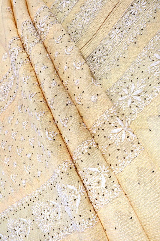 Ada Hand Embroidered Fawn Chanderi Lucknowi Chikan Unstitched Kurta Dupatta Set A145986