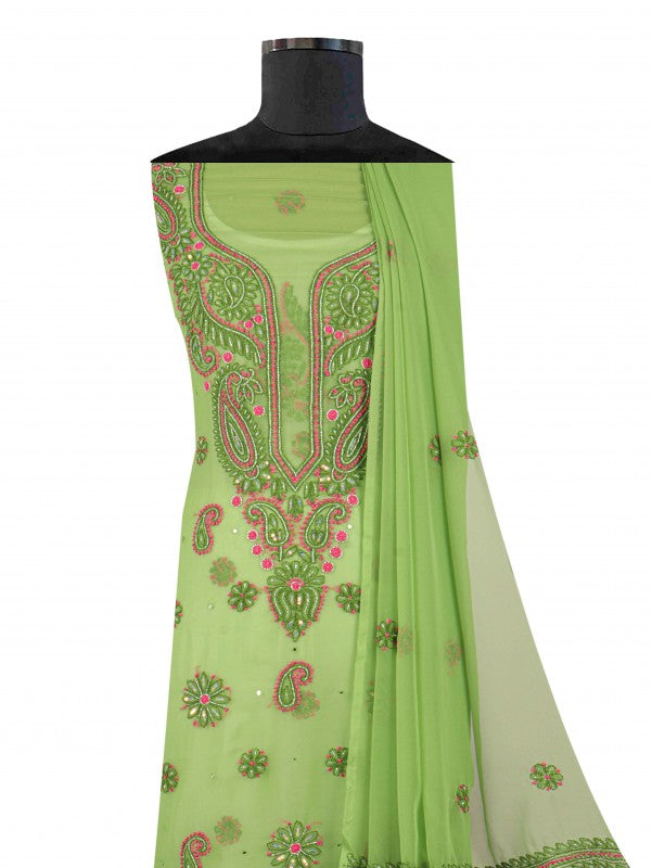 Ada Hand Embroidered Grass Green Georgette Lucknowi Chikankari Unstitched Suit Piece With Cutdana Work 01A132286