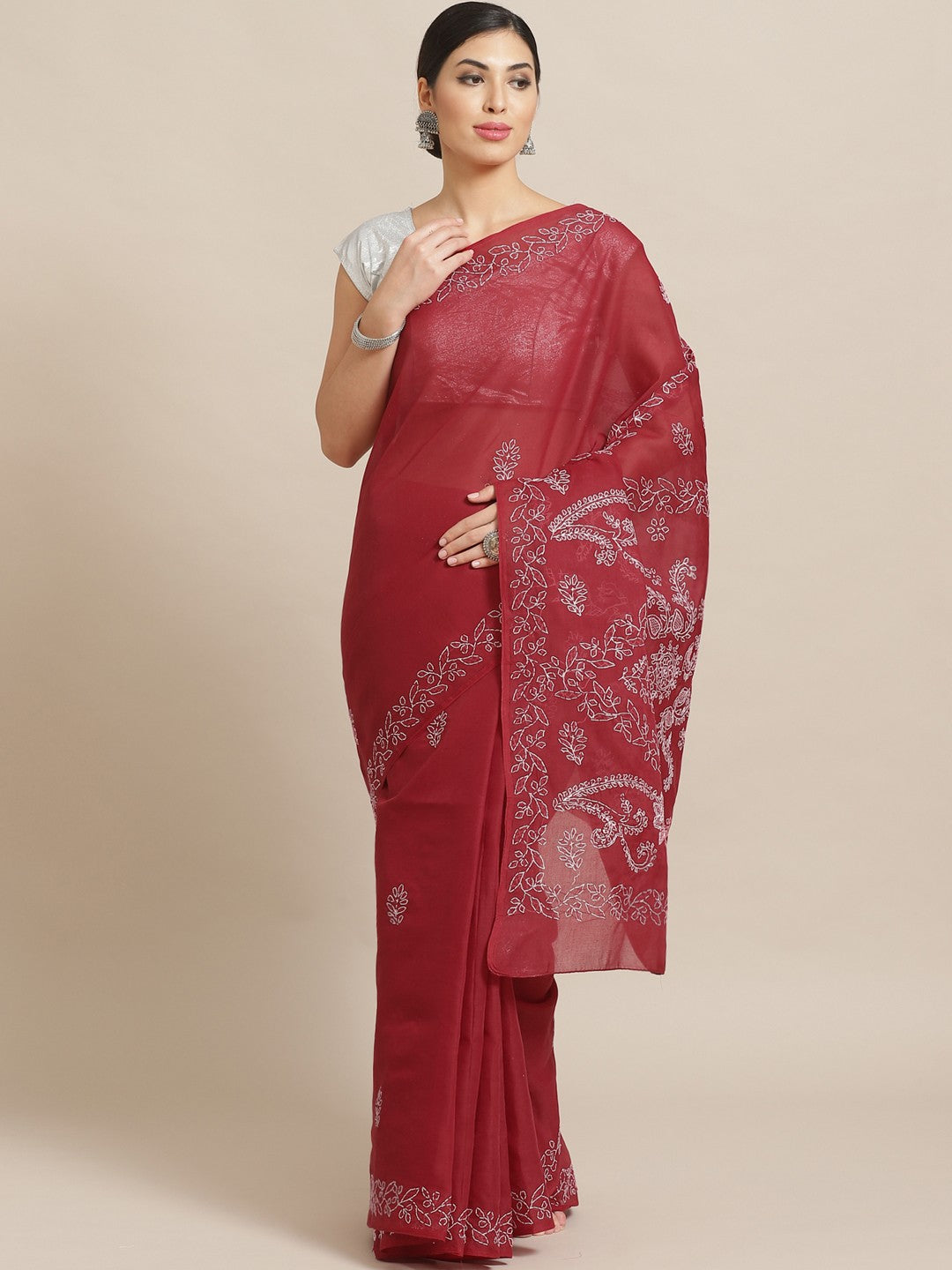 Ada Hand Embroidered Maroon Cotton Lucknow Chikankari Saree with Blouse A252562