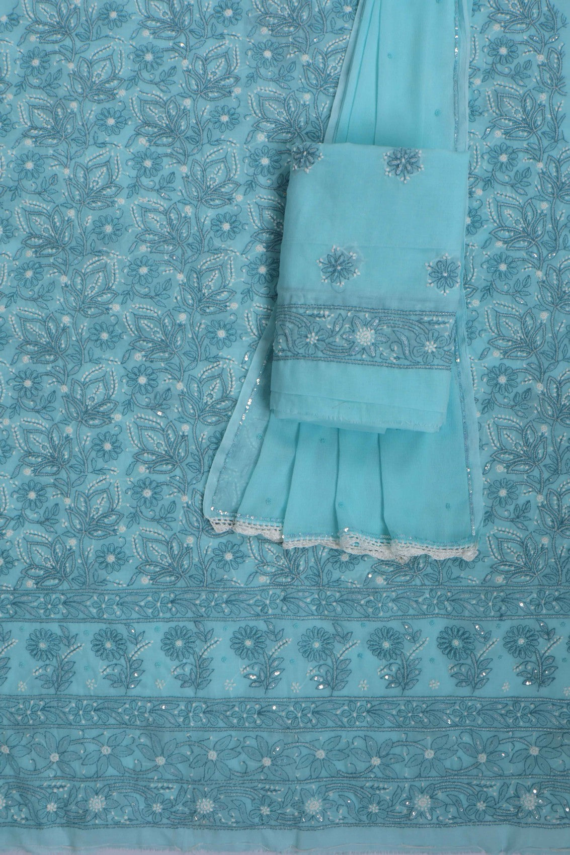 Ada Hand Embroidered Sky Blue Cotton Lucknowi Chikankari Unstitched Suit Piece With Pearl Work 01A271162