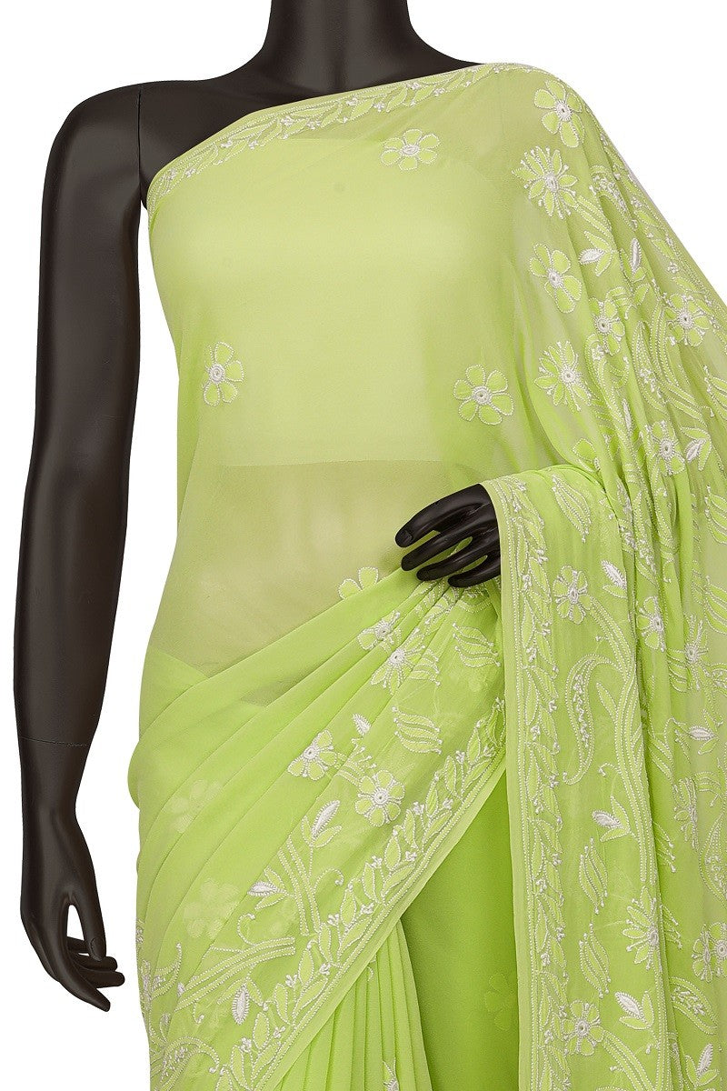 Ada Hand Embroidered Light Green Pure Georgette Lucknowi Chikankari Saree with Blouse  A310987