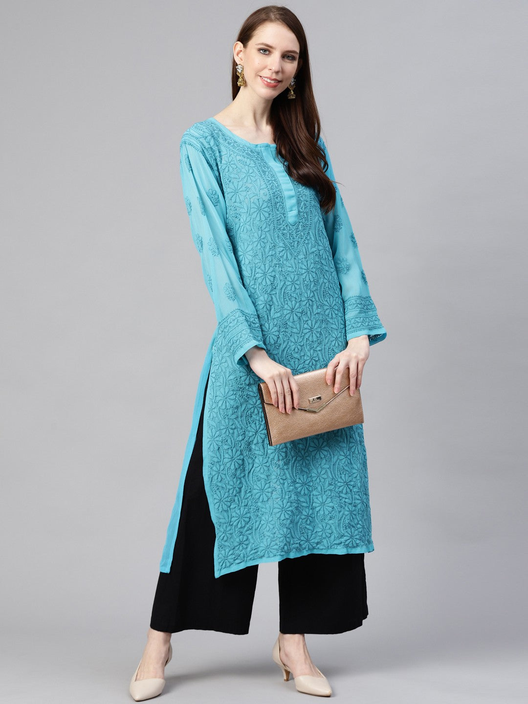 Ada Hand Embroidered Blue Georgette Lucknow Chikankari Straight Kurta A100588
