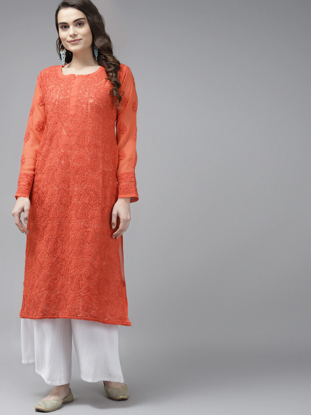 Ada Hand Embroidered Orange Georgette Lucknow Chikan Kurta A411384