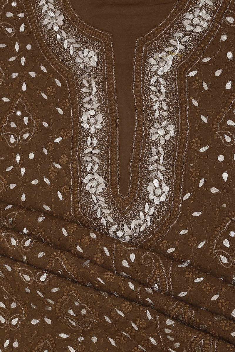 Ada Hand Embroidered Brown Georgette Lucknowi Chikan Unstitched Kurta Dupatta Set With Gota Patti Work- A590960