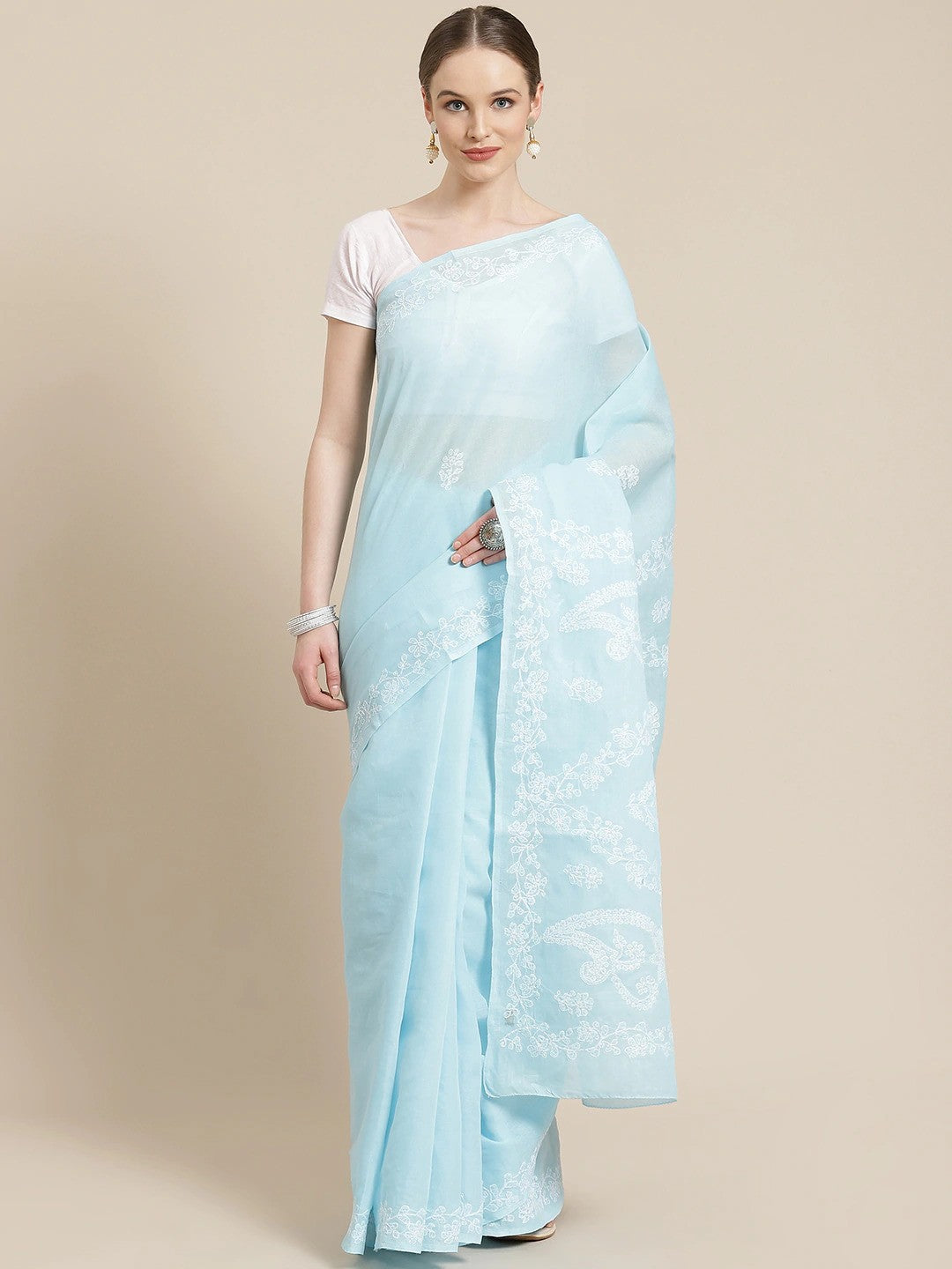 Ada Hand Embroidered Blue Cotton Lucknow Chikan Saree With Blouse- A311202