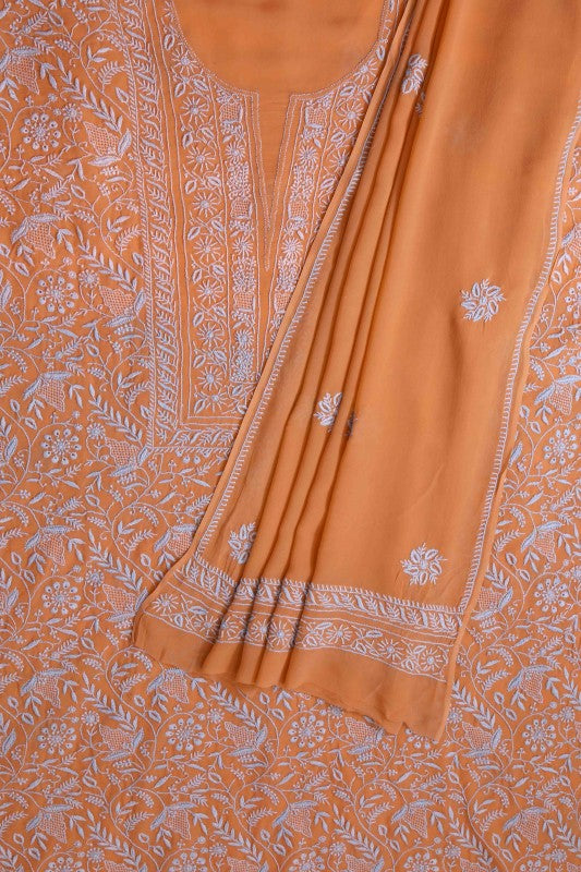 Ada Hand Embroidered Rust Pure Georgette Lucknowi Chikan Unstitched Kurta Dupatta A557083