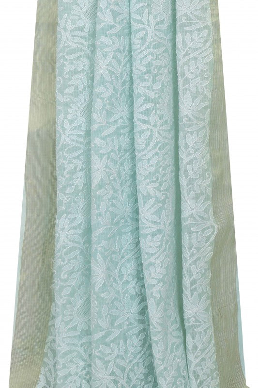 Ada Hand Embroidered Sea Green Kota Lucknowi Chikankari Dupatta-A476131