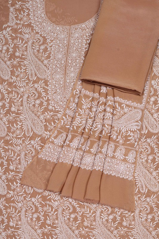 Ada Hand Embroidered Fawn Pure Georgette Lucknowi Chikan Unstitched Suit Piece A360354