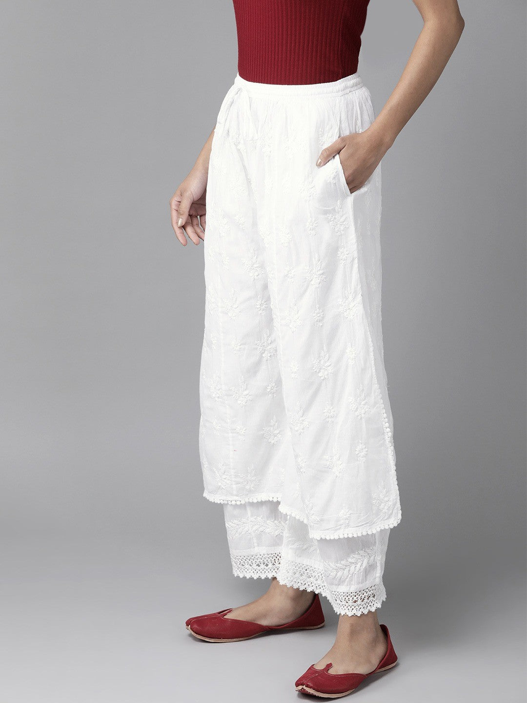 Ada Hand Embroidered White Cotton Lucknowi Chikankari Palazzo A711131