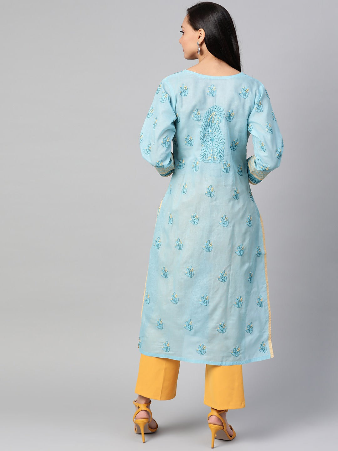 Ada Hand Embroidered Blue Cotton Lucknow Chikan Straight Kurta- A285166