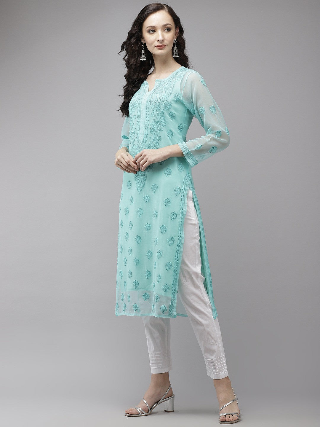 Ada Hand Embroidered Sea Green Georgette Lucknowi Chikankari Kurta Set With Slip A811219