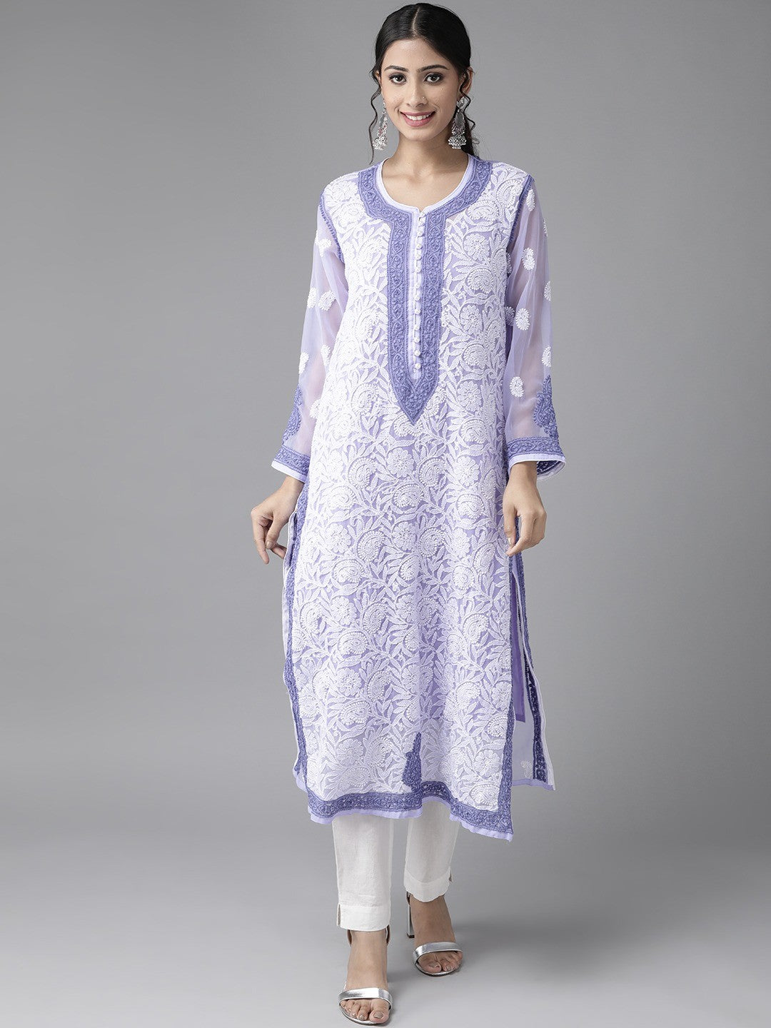 Ada Hand Embroidered Mauve Georgette Lucknowi Chikankari Straight Kurta with Slip A223974