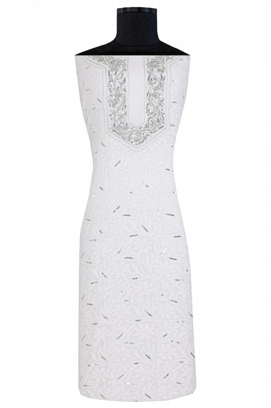 Ada Hand Embroidered White Georgette Chikan Unstitched Kurta Piece with Sequinned Work A536673