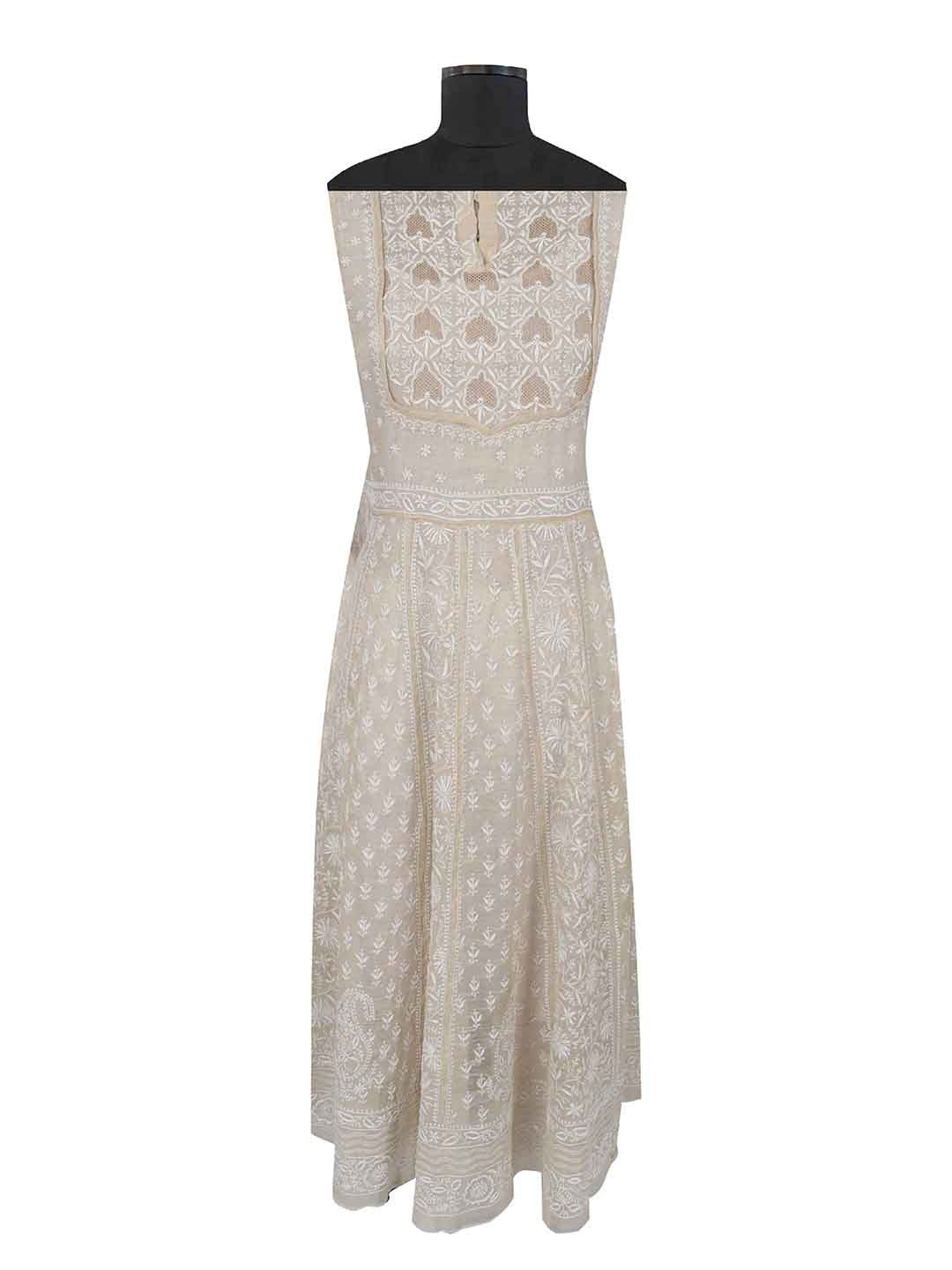 Ada Hand Embroidered Natural Fawn Tissue Lucknowi Chikankari Semi-Stitched Anarkali Kurta Dupatta Set With Zari Work 01A205793