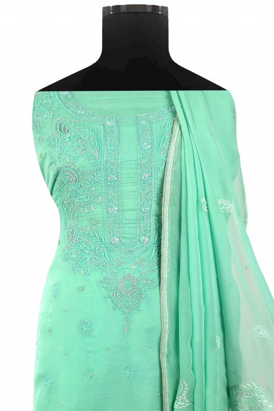 Ada Hand Embroidered Sea Green Cotton Lucknowi Chikan Unstitched Kurta Dupatta Set With Zari Work A166450