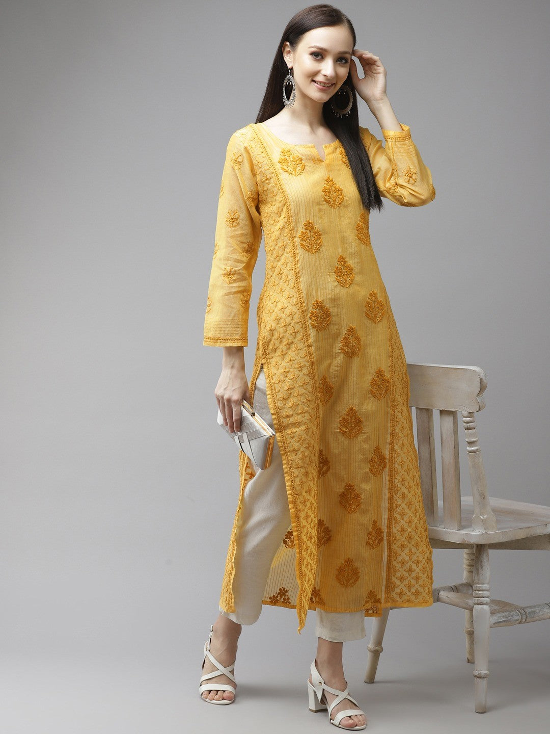Ada Hand Embroidered Yellow Chanderi Lucknow Chikankari Kurta-A411313