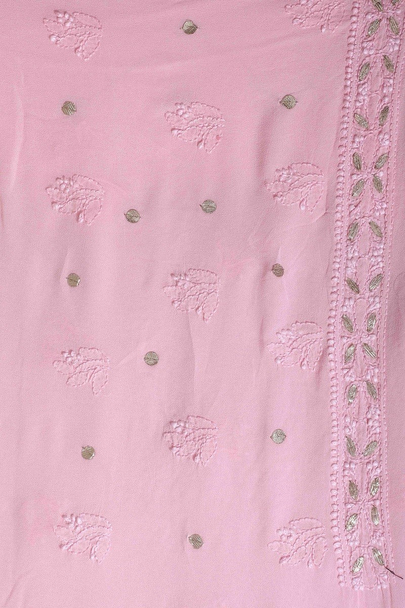 Ada Hand Embroidered Baby Pink Georgette Lucknowi Chikan Unstitched Kurta Piece with Gota Patti Work A579389