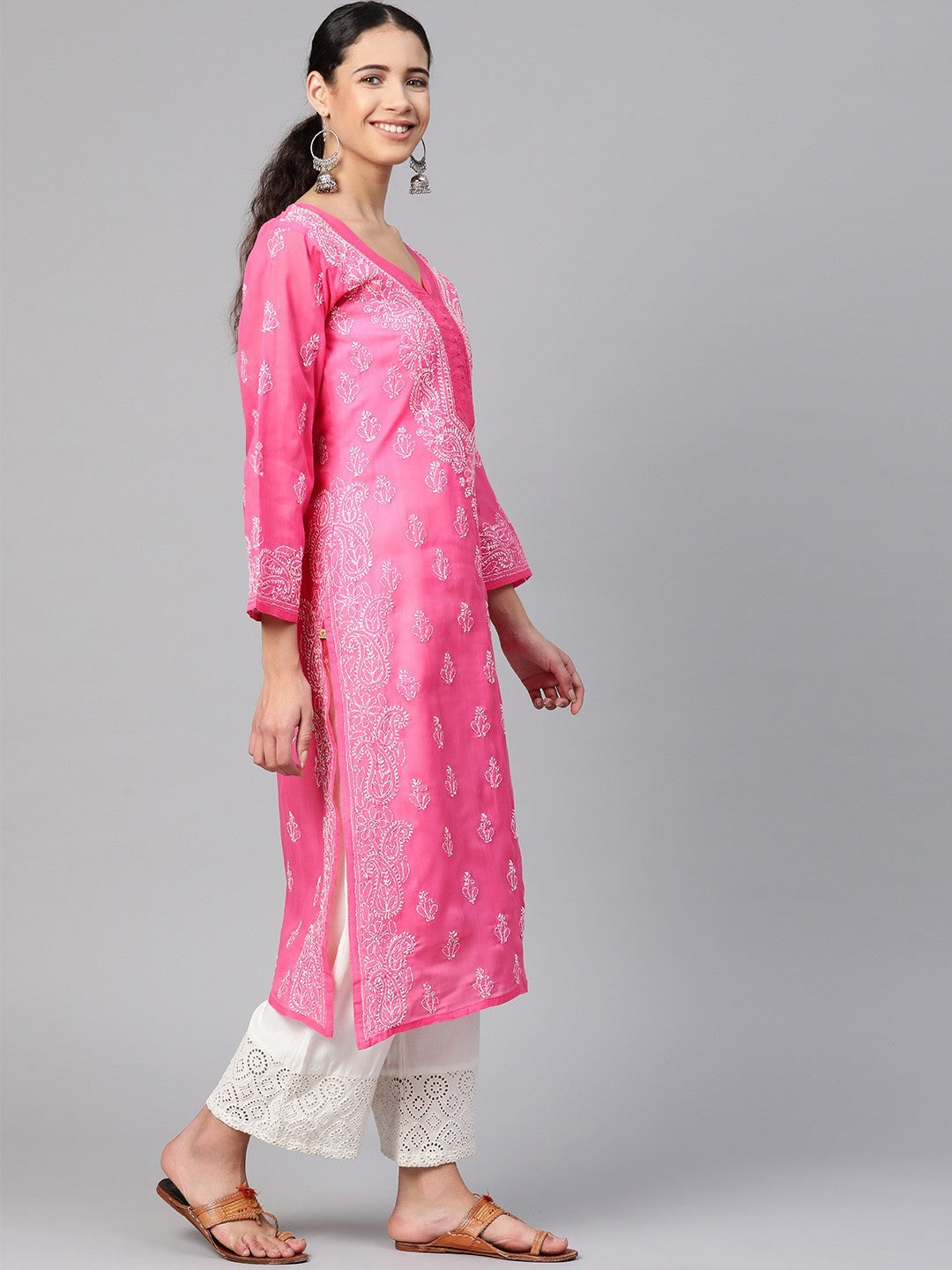 Ada Hand Embroidered Pink Cotton Lucknowi Chikankari Straight Kurta A100354