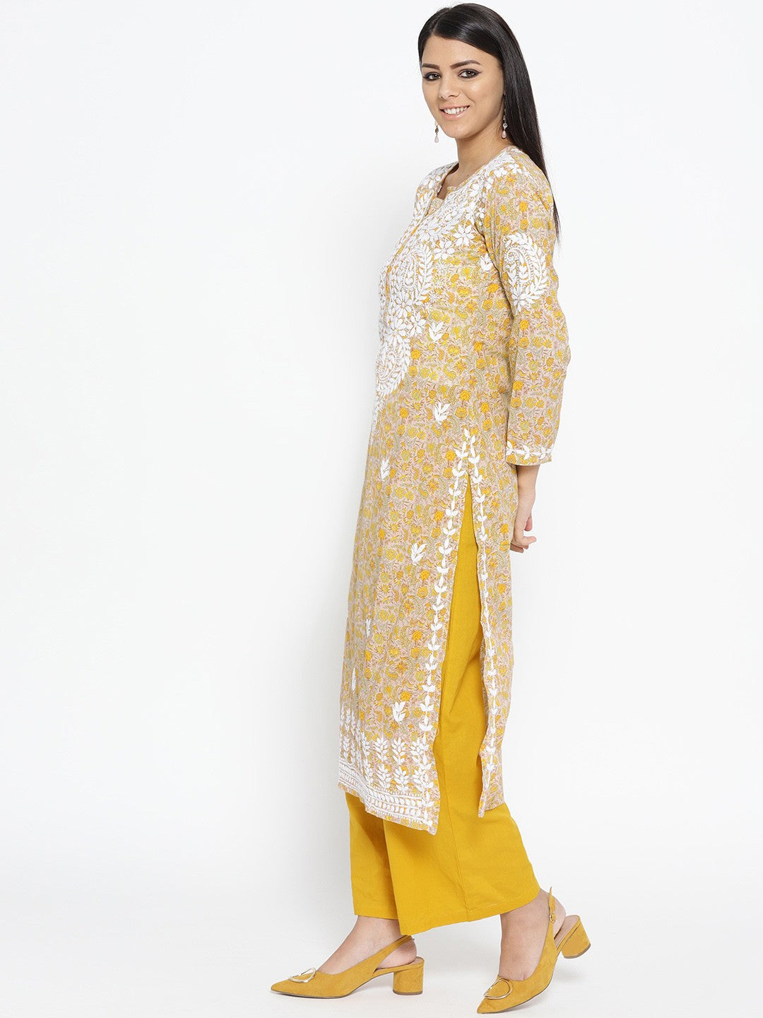Ada Hand Embroidered Fawn Yellow Cotton Lucknowi Chikankari Straight Kurta  A100040