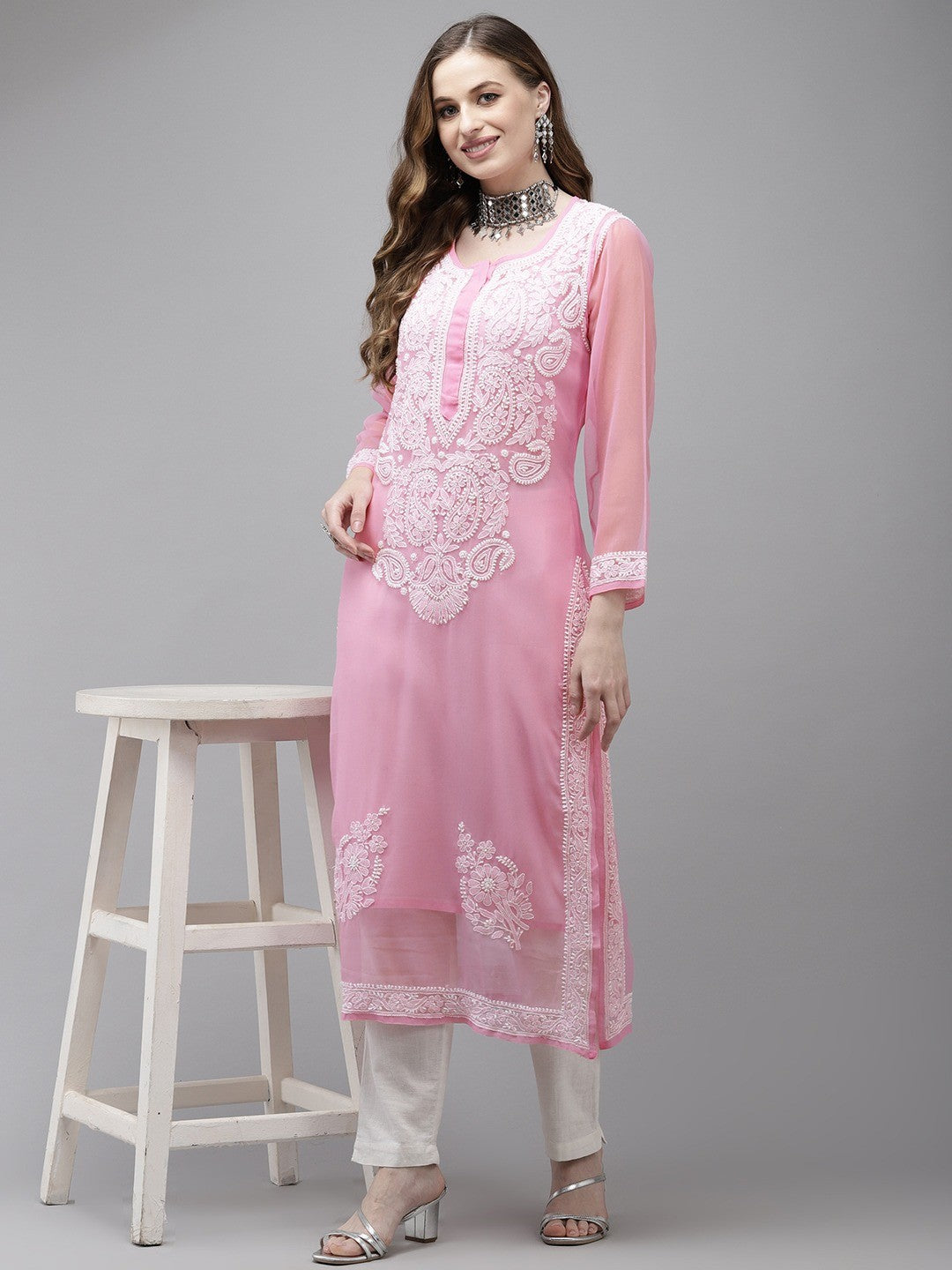 Ada Hand Embroidered Pink Georgette Lucknow Chikan Kurta with Slip A411361