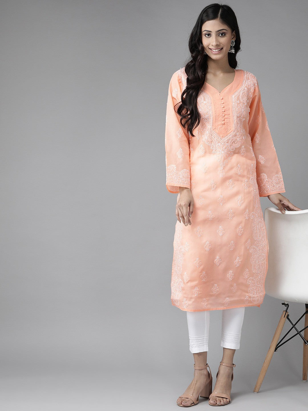 Ada Hand Embroidered Peach Cotton Lucknowi Chikankari Kurta Set A811185