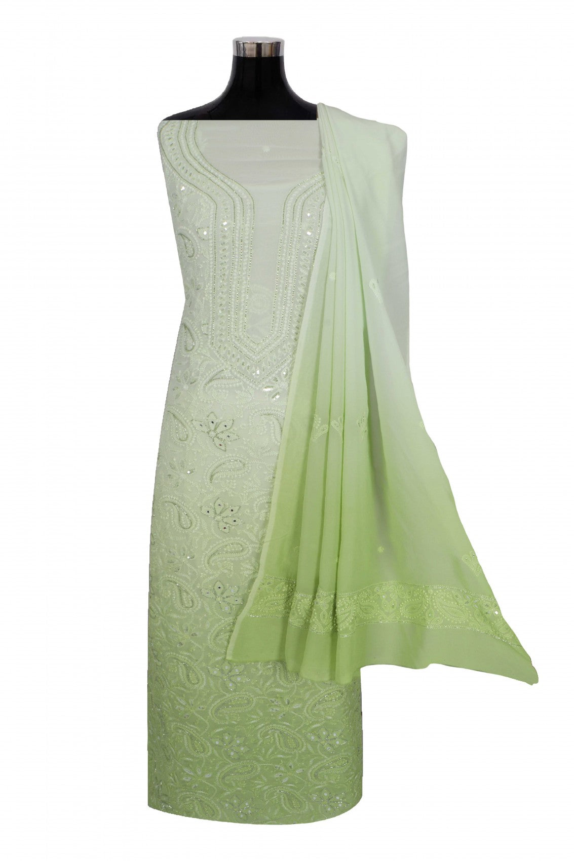 Ada Hand Embroidered Mint Green & Green Ombre Shade Georgette Lucknowi Chikankari Unstitched Kurta Dupatta Set With Cutdana Work 01A255322