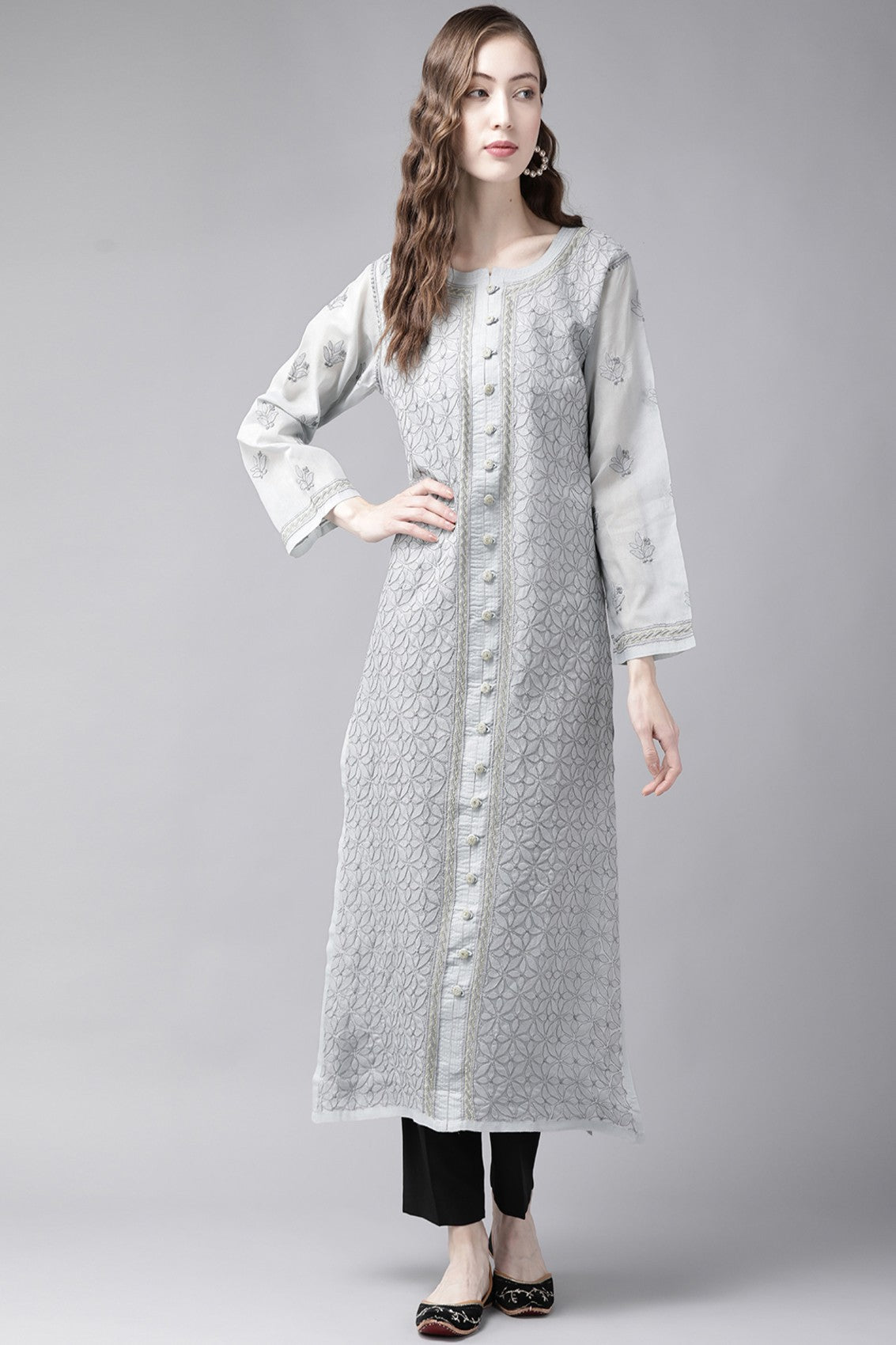 Ada Hand Embroidered Grey Cotton Lucknowi Chikankari Straight  Kurta A411248