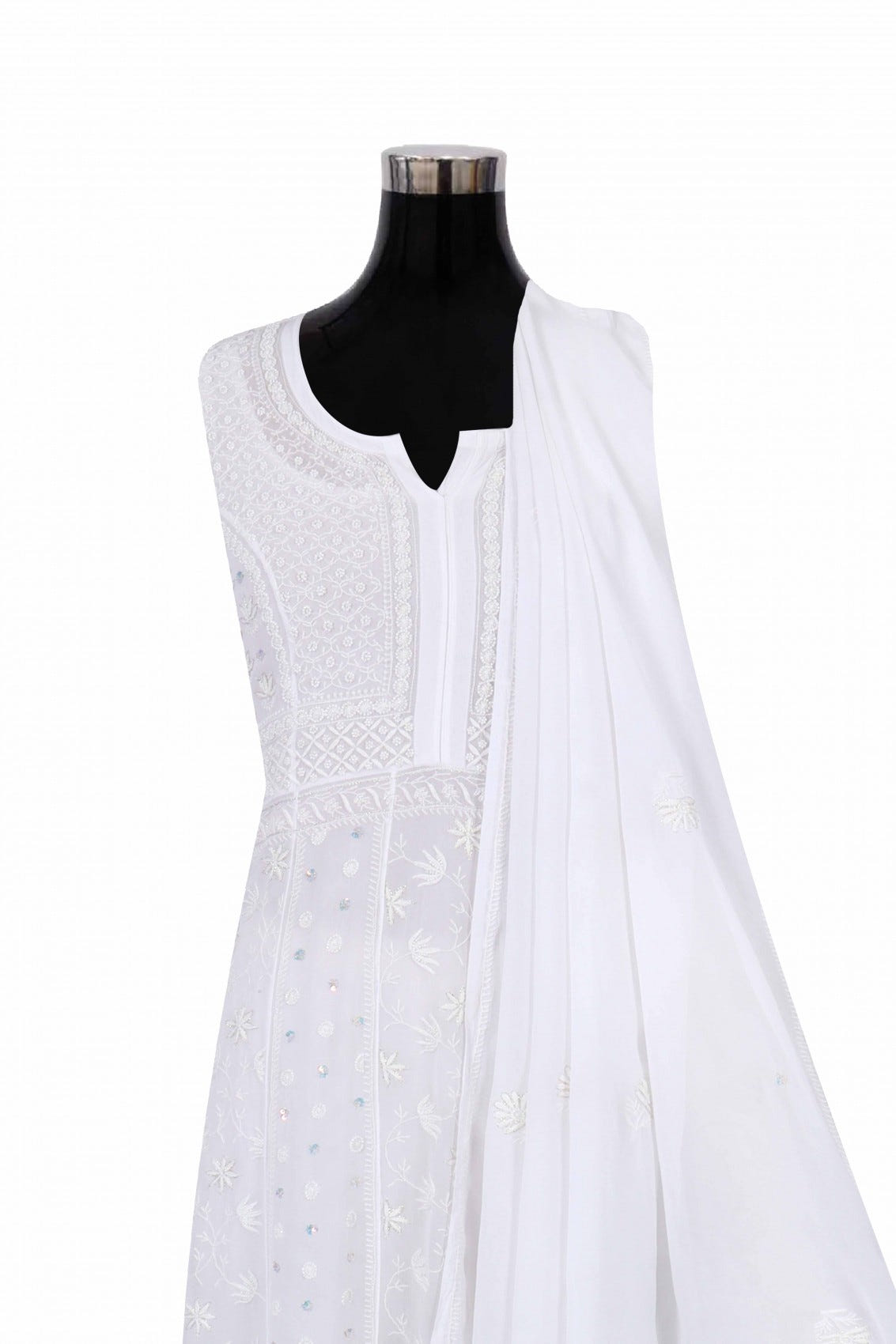 Ada Hand Embroidered White Georgette Lucknowi Chikankari Semi-Stitched Anarkali Kurta Dupatta Set With Pearl Work 01A223203