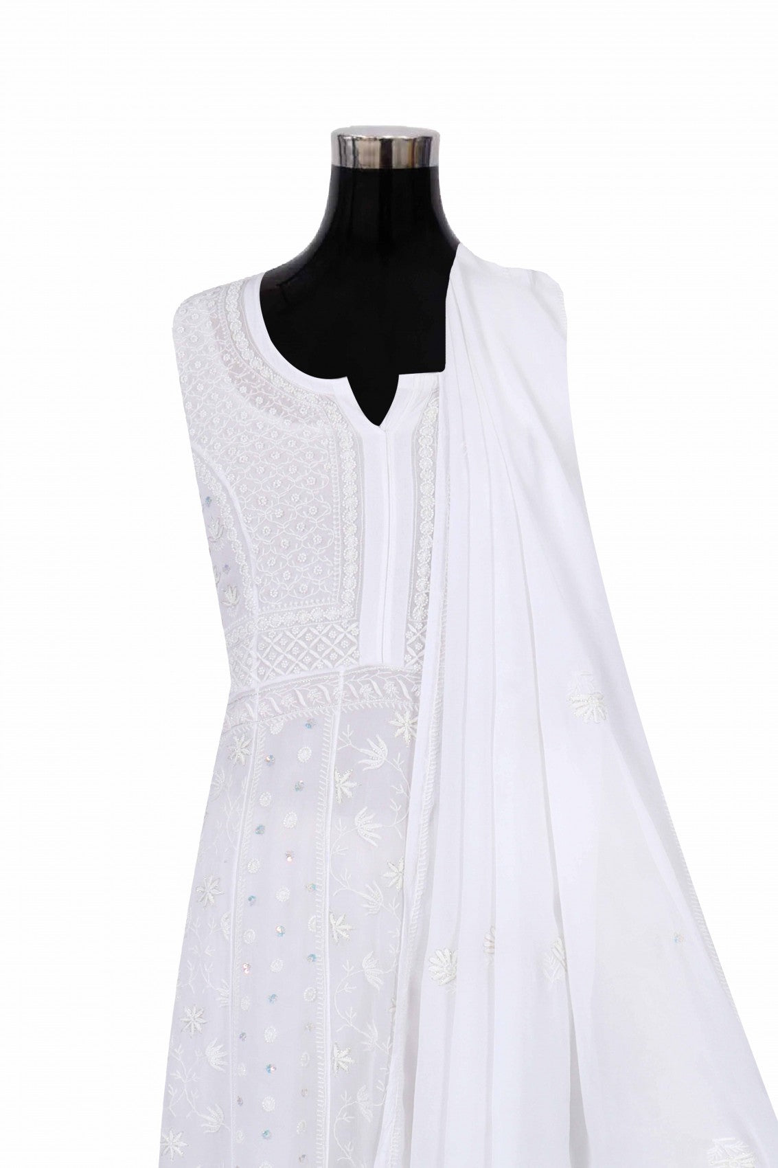 Ada Hand Embroidered White Georgette Lucknowi Chikankari Semi-Stitched Anarkali Kurta Dupatta Set With Pearl Work 01A223203