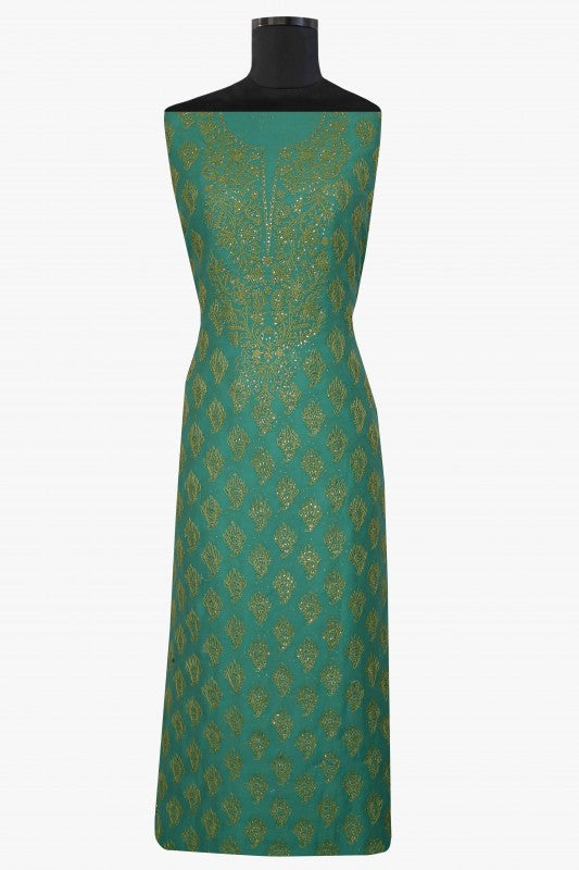 Ada Hand Embroidered Sea Foam Green Chanderi Lucknowi Chikan Unstitched Suit Piece With Muqaish Work–A588563