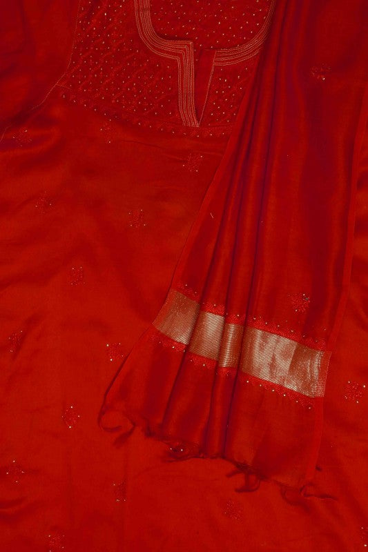 Ada Hand Embroidered Maroon  Chanderi Lucknowi Chikan Semi-stitched Kurta Dupatta Set With Muqaish Work-A577229