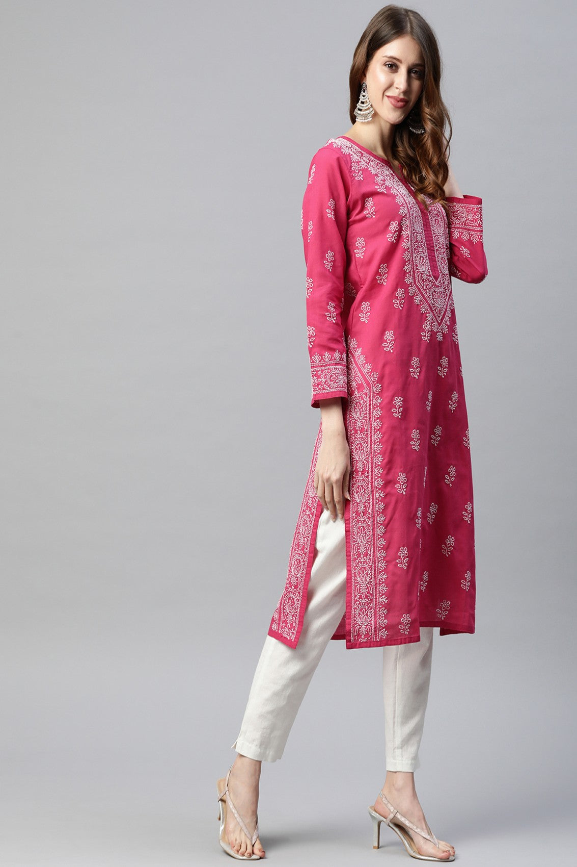 Ada Hand Embroidered Magenta Cotton Lucknowi Chikankari Straight Kurta A220716