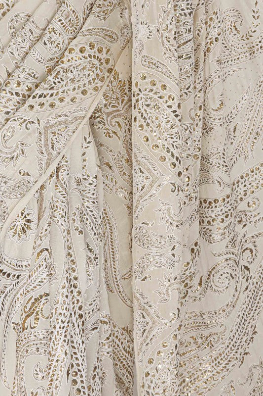 Ada Hand Embroidered Gardenia Cream Pure Georgette Lucknow Chikan Saree/Blouse With Muqaish Work A414332