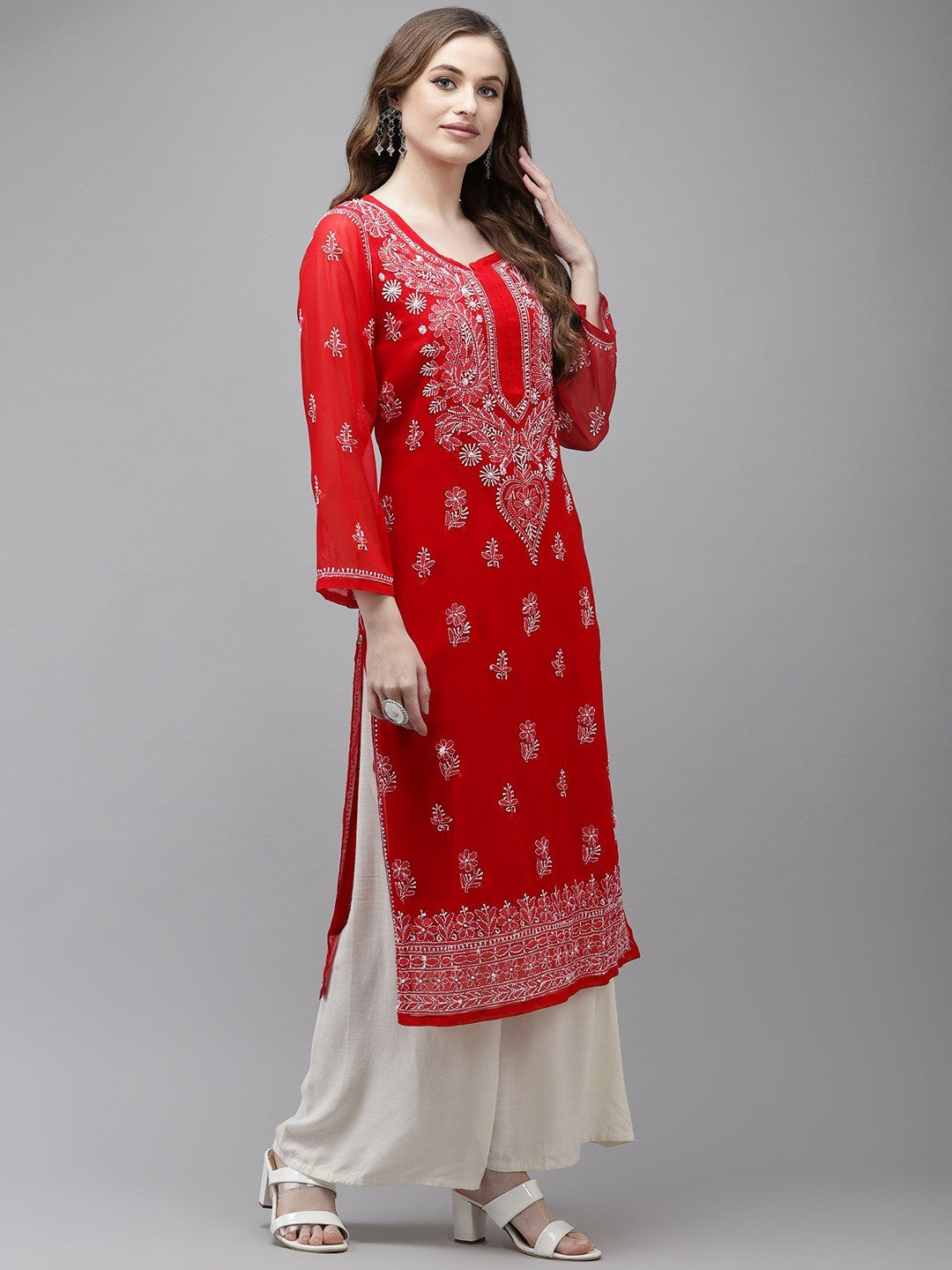 Ada Hand Embroidered Red Georgette Lucknow Chikan Kurta with Slip A411351