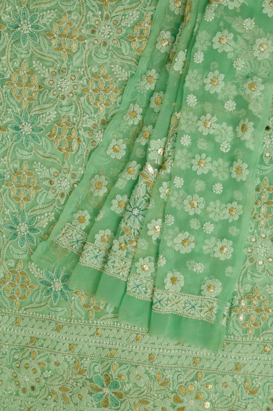 Ada Hand Embroidered Green Georgette Chikan Unstitched Kurta Dupatta Set with Gota Patti Work A406292