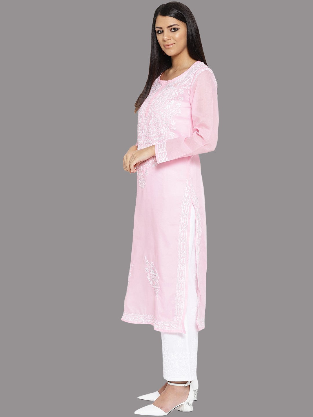 Ada Hand Embroidered Pink Cotton Lucknowi Chikankari Kurta Set A100130