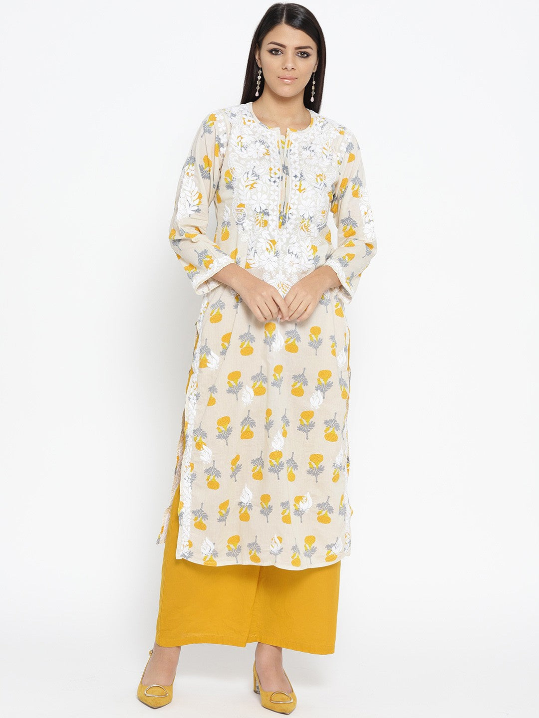 Ada Hand Embroidered Fawn Yellow Cotton Lucknowi Chikankari Straight Kurta- A100034