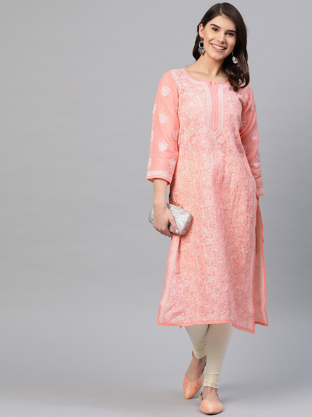Ada Hand Embroidered Peach Cotton Lucknow Chikankari Straight Kurta A411165