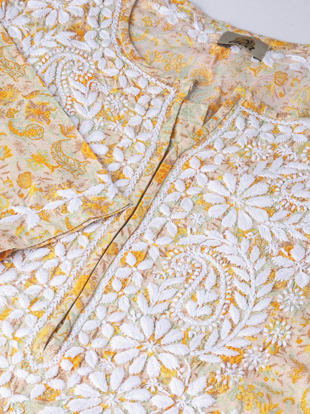 Ada Hand Embroidered Fawn Yellow Cotton Lucknowi Chikankari Straight Kurta  A100040